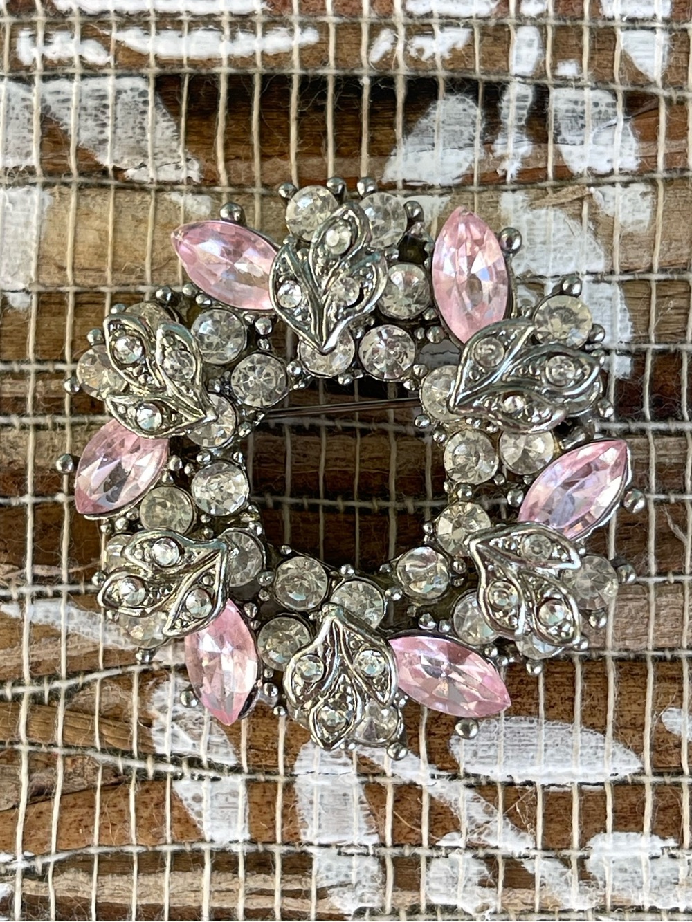 Vintage Pink & Silver Rhinestone Circle Brooch
